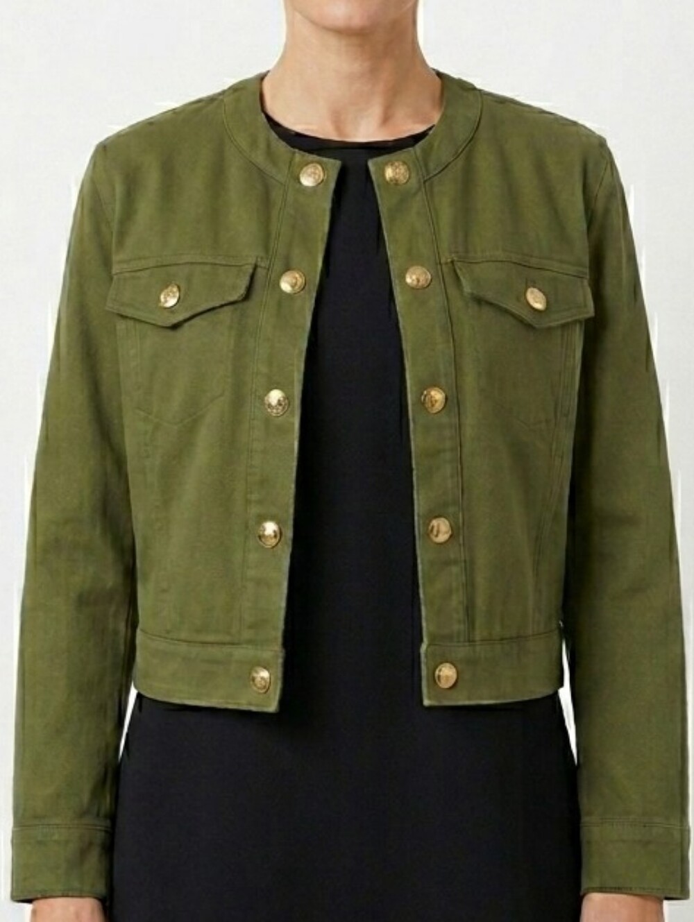 Michael Kors Olive Green Cropped Utility Jacket with Gold Buttons